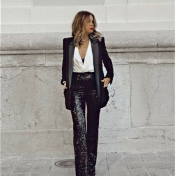 NEW Zara Sequinned Black High Waist Trousers Pants - Picture 2 of 11